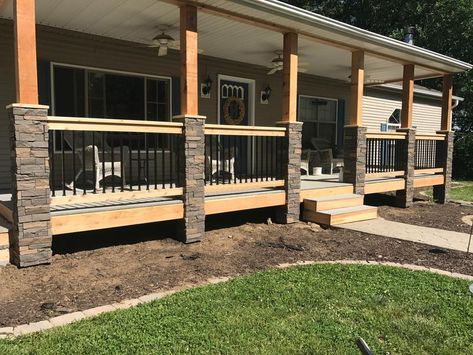 Laci Lynn - GenStone Log House Front Porch, Front Porch Design Ideas Ranch, Modular With Front Porch, Modular Front Porch Ideas, Mobile Home Gable Porch Ideas, Front Porch On Trailer House, Manufactured Home Patio Ideas, How To Make A Manufactured Home Look Like A House, Doublewide Mobile Home Decks