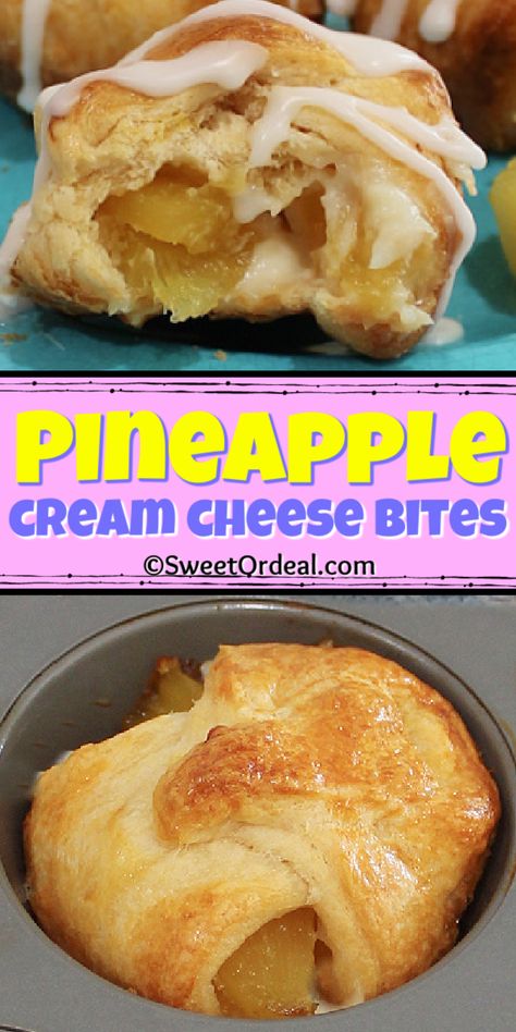 Pineapple Cream Cheese Bites: delicious layers of sweet tropical pineapple and cream cheese surrounded by a flaky crescent crust. In addition to being a scrumptious part of breakfast, they are the perfect brunch dessert for your table. Step-by-step instructions show how easy it is to fold the flaky crescent around the delicious layers. Not just for breakfast, these Bites are a wonderful snack or treat throughout your day. Recipe With Pineapple Chunks, Cresent Roll Desserts, Crescent Desserts, Pineapple And Cream Cheese, Cream Cheese Bites, Crescent Roll Recipes Dessert, Crescent Roll Dessert, Pineapple Cream Cheese, Brunch Dessert