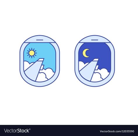 Day and night airplane window views Royalty Free Vector Airplane Window Illustration, Window View Night, Plane Window View, Window Sketch, Airplane Icon, Airplane Vector, Airplane Illustration, Airplane Window View, Window Illustration