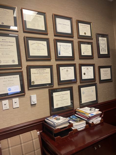 Office Diploma Wall, Degree Wall Display Ideas, Accomplishment Wall, Diploma Display Wall, Certificate Wall, Diploma Wall, Certificate Display, Diploma Display, Degree Display