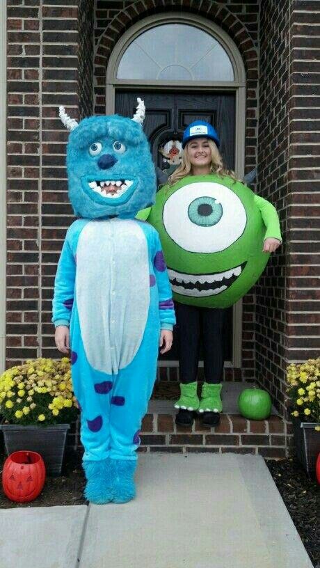 Mike Wazowski and Sully Halloween costume Diy Silly And Mike Costume, Mike Wazowski And Sully Costume, Diy Mike Wazowski Costume, Mike Wazowski And Sully, Mike Wazowski Halloween Costume, Sully Halloween Costume, Sully Halloween, Monsters University Costumes, Mike Wazowski Costume