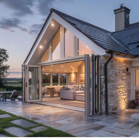 Modern Bungalow Extension, Home Extension Exterior, House Extension Before And After, Modern Bungalow House Interior Design, Bungalow Rear Extension Ideas, House Back Extension, New Build Bungalow, Dream House Exterior Uk, Stone Cottage Extension