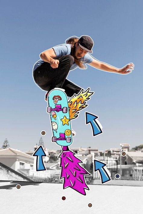 Free Photo | Full shot skater with graphic elements Skater Street Style, Phone Banner, Photo Doodle, Artist Photoshoot, Skater Design, Skateboarding Aesthetic, Skating Pictures, Doodle On Photo, Doodle Illustration