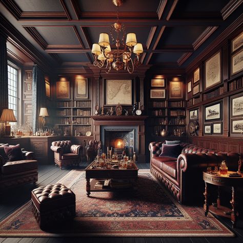 Discover timeless elegance in this luxurious man cave complete with mahogany bookcases, a vintage chandelier, Chesterfield sofa, oriental rug, cozy fireplace, and well-stocked whisky bar. Challenge yourself with a game on the classic pool table. #Mancave #VintageChic #LuxuryDesign #HomeBar #ClassyInteriors #GameRoom. Classy Man Cave Office, Office Chesterfield, Vintage Study Table, Luxury Man Cave, Old English Interior Design, Classy Man Cave, English Interior Design, Old World Interiors, Whiskey Room