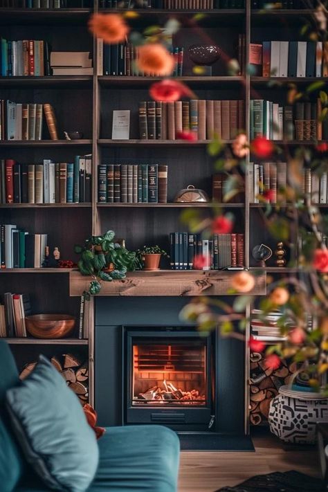 Cozy Fireplace Bookshelf Ideas for Your Home Fireplace Library Bookshelves, Electric Fireplace In Bookshelf, Fireplace With Library, Fireplace And Library, Books Over Fireplace, Small Office With Fireplace, Mantle With Bookshelves, Bookshelf Wall With Fireplace, Bookshelf Above Fireplace