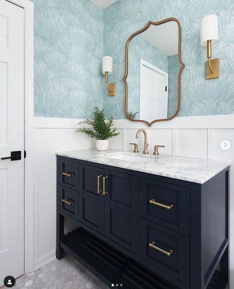 Gold Bathrooms, Coastal Powder Room, Transitional Powder Room, Hexagon Tile Bathroom, White Worktop, Chicago Interior Design, Freestanding Vanity Unit, Blue Vanity, Hexagon Tile