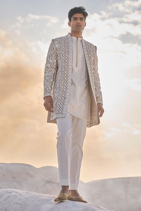 Shop for Seema Gujral Beige Raw Silk Floral Embroidered Open Sherwani Set for Men Online at Aza Fashions Sangeet Outfit For Men, Open Sherwani, Indo Western Outfits For Men, Traditional Indian Mens Clothing, Indian Menswear, Indian Wedding Suits Men, Grooms Outfit, Mens Ethnic Wear, Mens Traditional Wear