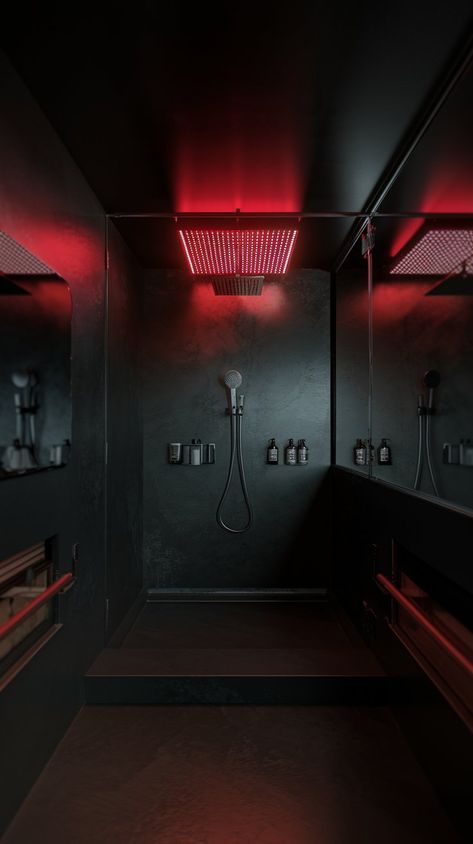 Discover the essence of modern luxury in this all-black bathroom oasis, where sophistication meets simplicity. The clean lines and lack of ornamentation evoke a serene ambiance, while the walk-in shower glows under the radiant red LED light sign. The expansive mirror adds depth, reflecting the rich textures of the black tiles and the stylish towel nearby. This minimalist haven is perfect for those who crave elegance and tranquility in their personal space! #homedecor #homedesign #homeinspiration Dark Spa Bathroom, Black And Red Bathroom, All Black Bathroom, Bathroom Oasis, Bathroom Retreat, Uni Room, Gentlemans Club, Radiant Red, Red Led Lights