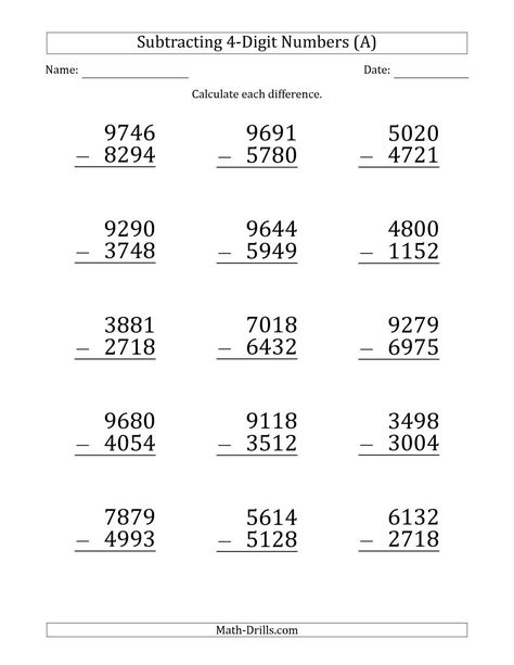 The Large Print 4-Digit Minus 4-Digit Subtraction (A) Math Worksheet from the Subtraction Worksheets Page at Math-Drills.com. Math Subtraction Worksheets, Math Fact Worksheets, Math Practice Worksheets, Math Addition Worksheets, Worksheets For Grade 3, Math Drills, 4th Grade Math Worksheets, Math Subtraction, 3rd Grade Math Worksheets