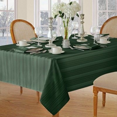 Denley Stripe Jacquard Stain Resistant Tablecloth - 52" x 52" Square - Hunter Green - Elrene Home Fashions New Years Dinner Party, Striped Tablecloth, New Years Dinner, Oblong Tablecloth, Elegant Tablecloth, Striped Tablecloths, Holiday Tablecloths, Plaid Tablecloth, Entertainment Table