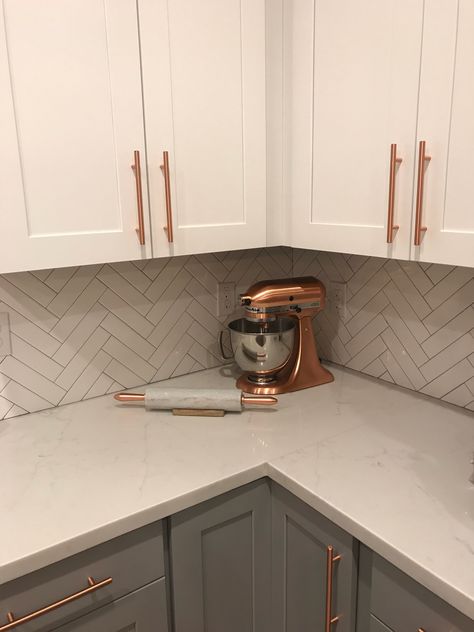 Copper Kitchen | Two Tone Cabinets | Two Tone Kitchen | Rose Gold Kitchen | Copper Kitchenaid   #kitchenaid #copperkitchenaid #copperpulls #twotonecabinets #herringbonebacksplash Kitchen Two Tone, Rose Gold Kitchen, Dark Cabinets Light Floor, Kitchen Ideas Dark Cabinets, Kitchen Ideas Dark, Two Tone Kitchen, Kitchen Manufacturers, Gold Kitchen, Dark Kitchen Cabinets