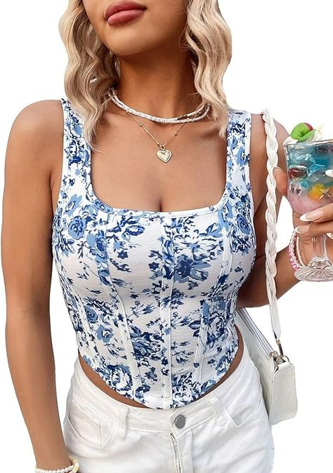 Amazon.com: Milumia Women's Floral Square Neck Curved Hem Corset Top Sleeveless Boho Crop Tank Tops Blue and White Small : Clothing, Shoes & Jewelry Floral Corset Top Outfit, Floral Corset Top, Floral Squares, Top Sleeveless, Floral Sleeveless, Corset Top, Cropped Tank Top, Crop Tank, Square Neck