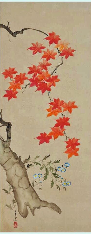 Detail. Suzuki Kiitsu "Maples" Japanese Wall Panel Painting. Nineteenth century. Japanese Maple Painting, Japanese Maple Leaf Drawing, Hokkaido Onsen, Maple Leaf Drawing, Japanese Maple Bonsai, Maple Leaf Art, Panel Painting, Japan Painting, Japanese Maples