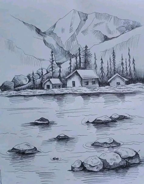 Landscape Sketch Pencil Easy, Nature Sketches Pencil Inspiration, Nature Pencil Sketches, Easy Nature Sketches, Landscape Drawings Pencil, Nature Drawings Simple Sketch, Scenery Sketch, Nature Sketches Pencil, Sketching Pencil