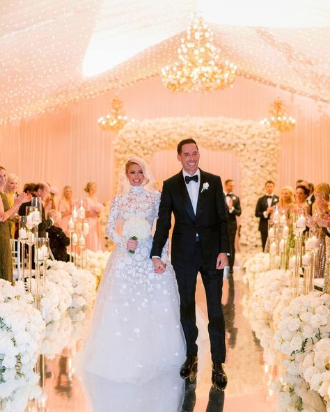 Inside Paris Hilton's Fairytale Wedding to Carter Reum | A feast for the eyes, from fashion to florals! High Neck Lace Wedding Dress, Hilton Wedding, Wedding Dress Necklace, Boho Princess, Princess Wedding Gown, Walk Down The Aisle, Nicky Hilton, Long Sleeve Wedding Dress Lace, Lace Pink Dress