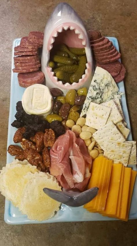 Shark Themed Charcuterie Board, Jaws Party Ideas, Shark Themed Food, Shark Week Recipes, Jaws Party, Silly Sharks, Coastal Food, Wedding Cuisine, Shark Week Party