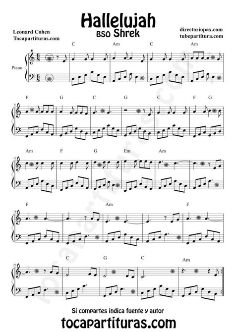 Hallelujah by Leonard Cohen Sheet Music for Piano Shrek OST Piano Music Scores Hallelujah Sheet Music, Hallelujah Lyrics, Piano Music With Letters, Boomwhackers, Piano Score, Music Chords, Sheet Music For Piano, Easy Piano Sheet Music, Guitar Sheet Music