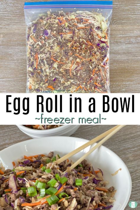 bag filled with food and white bowl and chopsticks. Text reads "Egg Roll in a Bowl freezer meal" Breakfast Bowl Freezer Meals, Meal Prep Seniors, Freezer Meals With Cabbage, Easy Dairy Free Freezer Meals, Egg Roll In A Bowl Freezer Meal, Freezer Egg Recipes, Easy Meal Prep To Freeze, Vacuum Sealed Freezer Meals, Meal Prep Travel