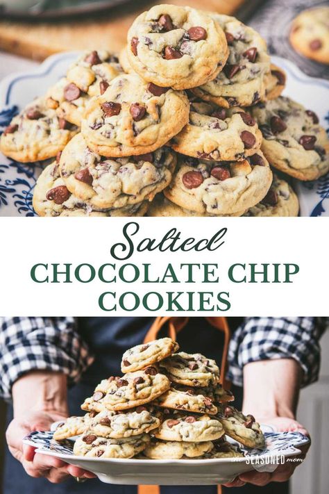 Soft and chewy with a hint of flaky sea salt to balance the sweetness, these easy salted chocolate chip cookies are the perfect dessert! Best of all, there's no need to chill the dough, so you can enjoy thick, warm, homemade chocolate chip cookies in less than 45 minutes. Salted Chocolate Chip Cookies Recipes, Salt Cookies Recipe, Salty Chocolate Chip Cookies, Best Choc Chip Cookies, Salty Cookies, Milk Chocolate Chip Cookies, Salted Chocolate Chip Cookies, Chocolate Chip Pudding Cookies, Make Chocolate Chip Cookies