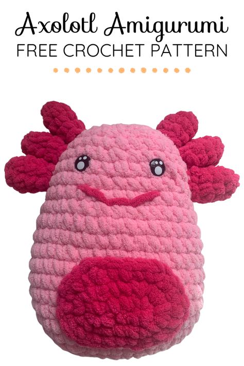 Are you looking for an axolotl amigurumi free pattern? Look no further! This adorable amigurumi axolotl makes the perfect squishy plush toy, made with super chunky blanket yarn he's soft and squishy and even has a little storage pocket! #freeamigurumi #amigurumiaxolotl #crochetpattern Squishmallows Crochet Pattern Free, Free Jumbo Crochet Patterns, Squishmallow Crochet Pattern Free, Crochet Squishmallow Pattern Free, Axolotl Crochet Pattern Free, Crochet Axolotl Pattern, Axolotl Crochet Pattern, Amigurumi Axolotl, Chunky Yarn Patterns