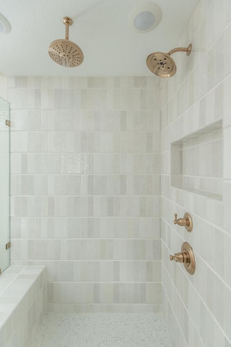 Artisan White Tile Bathroom, Classic Transitional Bathroom, Mcgee And Co Bathroom Tile, Shower With Soffit, Serene Master Bath, 4 X 6 Shower Ideas, Shower Tile Timeless, Simple Classic Bathroom Design, Neutral Shower Tile Master Bath