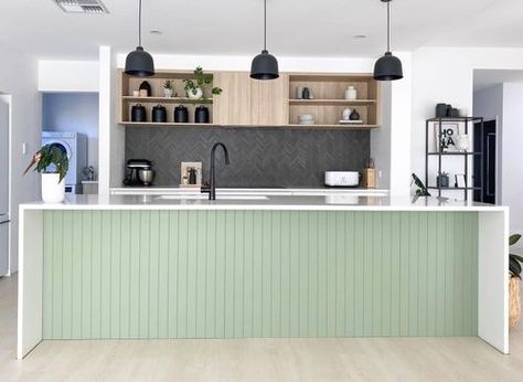 Panelling Kitchen Island, Vj Panelling Kitchen, Panelling Kitchen, Porter Paint Colors, Kitchen Island Panels, Vj Panelling, British Paints, Kitchen Concept, Oak Trim