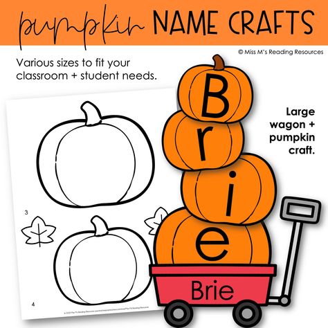 Invite students to complete these festive + fun pumpkin crafts this fall! The printable crafts comes in black and white and color versions. They are also available in Google Slides™ so you can easily differentiate to fit your needs. Students will enjoy identifying the letters in their name and ordering them to complete the activity. The completed craft makes a great bulletin board display or classroom decor.Take it a step further and laminate the finished product for students to take home to the Fall Books With Crafts, Pumpkin Patch Name Craft, Pumpkin Prek Craft, Fall Themes For Bulletin Boards, Fall Class Bulletin Board Ideas, Bulletin Board Ideas October, Pumpkin Name Craft Preschool, Halloween Preschool Craft, Pumpkin Classroom Activities