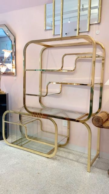 The Swan’s House on Instagram: "Just listed!! Spectacular 1980’s brass & glass sliding etagere, see our website for all the info (link in bio). Often mistakenly attributed to Milo Baughman, this iconic piece was first designed by Rick Berry for Design Institute of America in the late ‘70’s and then Morex of Italy created an almost identical replica version in the 1980’s. It’s sleek, adaptable design has ensured that this piece has remained relevant and desirable, over 40 years since its first de Rick Berry, Sand Glass, Design Institute, Milo Baughman, One Design, 40 Years, Over 40, Link In Bio, Berry