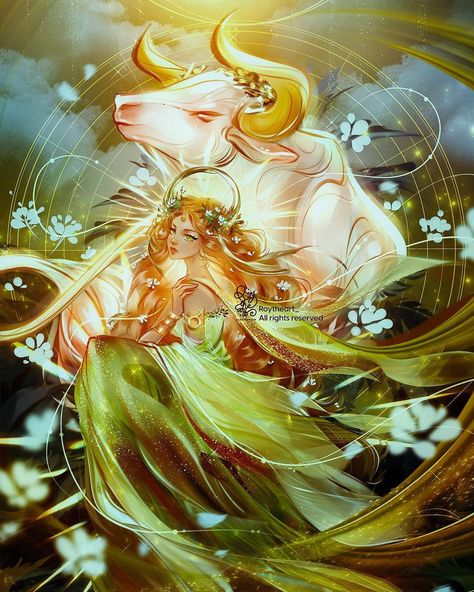 Taurus Art Goddesses, Taurus Bull Art, Taurus Character, Earth Goddess Art, Taurus Goddess, Roy The Art, God Of The Universe, Zodiac Illustration, Wavy And Curly Hair