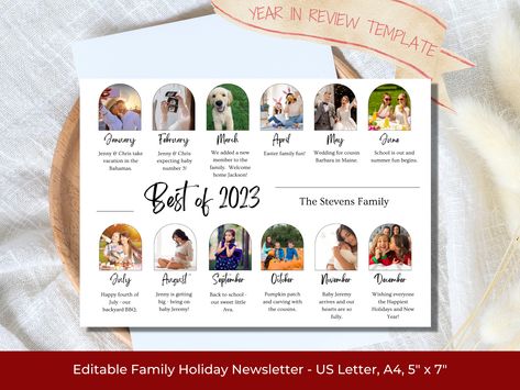 Get ready to captivate your family and friends with a beautifully designed Year in Review that not only showcases your cherished family highlights but also serves as a unique Christmas card. Its customizable features make it easy for you to add your own photos and personalize the contents. #christmasnewsletter #yearinreview #familyphotocard #holidaynewsletter #newyearseve #christmasflyer #2023highlights #uniquexmascard #seasonsgreetings #funnychristmascard #familyhighlights #christmadesign Holiday Newsletter, Christmas Newsletter, Family Photo Cards, Happy New Year Card, Family Holiday Cards, Holidays Ideas, Unique Holiday Cards, Unique Christmas Cards, Christmas Flyer