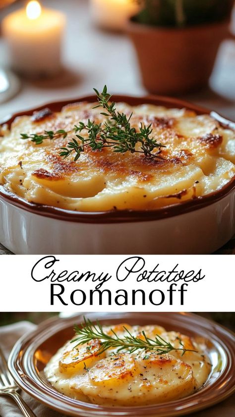 Indulge in these Delicious Creamy Potatoes Romanoff, a must-have side dish for your fall meals! Combining creamy cheese and tender potatoes, this recipe is rich and satisfying. Perfect for holiday dinners or cozy family meals, add this dish to your fall recipes for a comforting and indulgent treat! Upscale Potatoes, Recipes For Dinner Fancy, Winter Potato Recipes, Comfort Side Dishes, Cozy Meals Comfort Foods, Cozy Food Recipes, Fancy Potato Recipes, Rommegrot Recipe, Fancy Side Dishes