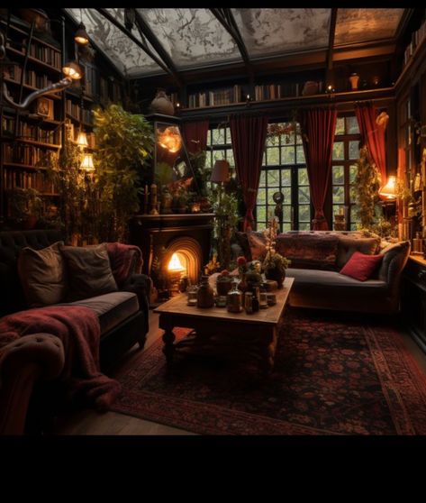 Witch Cottage Interior Living Room, Dark Academia And Cottagecore Room, Dark Theme Living Room Ideas, Tracycore Aesthetic, Living Room Designs Cozy Vintage, Cozy Cottage Living Room English Country, Rustic Moody Living Room, Cottagecore Family Room, Moody Cottagecore Living Room