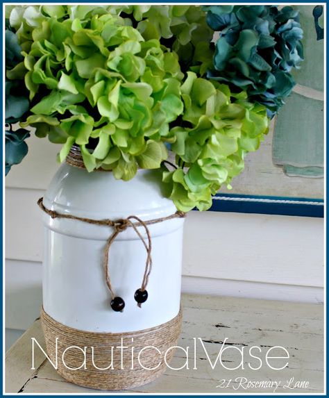 plastic pretzel jar turned nautical vase at 21 Rosemary Lane Upcycle Trash, Diy Projects Decor, Nautical Diy, Recipes Family, Winner Announcement, Habitat For Humanity, Jar Diy, Upcycle Recycle, Online Surveys