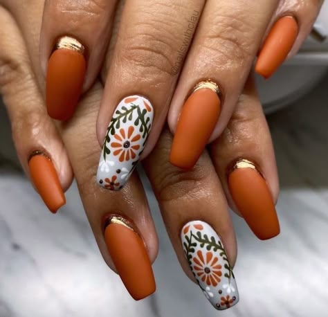 Oaxaca Nails, Black Mexican Nails, Hispanic Heritage Nails, Fun Orange Nails, Fall Flowers Nails, Mexican Flower Nails, Marigold Nails, Cantarito Nails, Mexico Nail Ideas