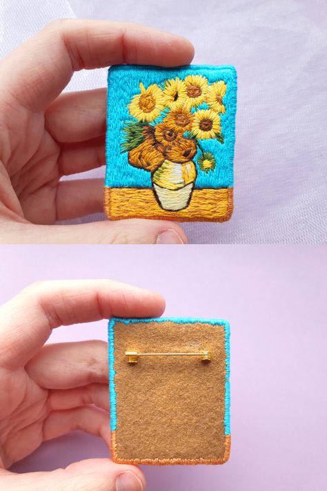 (30) My hand embroidered Van Gogh Sunflowers brooch : Embroidery Fall Hand Embroidery, Rose In Hand, Animal Tutorial, Embroidered Patch Diy, Brooch Embroidery, How To Make Rose, Miniature Embroidery, Handmade Patch, Van Gogh Sunflowers