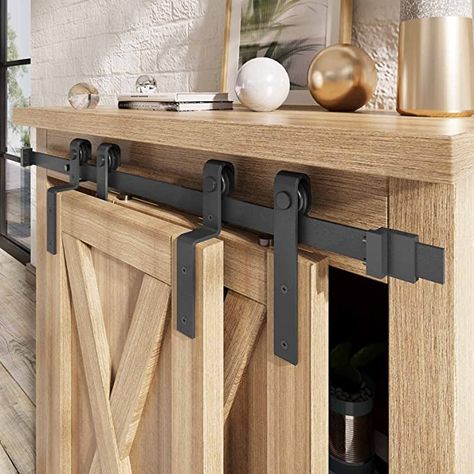 Double Barn Doors Sliding, Barn Door Projects, Barn Door Cabinet, Making Barn Doors, Mini Cabinet, Bypass Barn Door Hardware, Sliding Cabinet Doors, Double Sliding Barn Doors, Bypass Barn Door