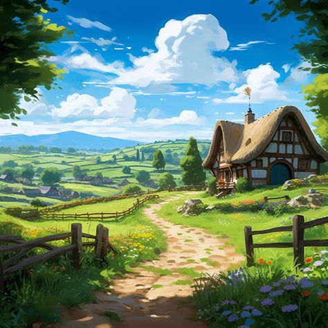 Disney inspired, painted landscape, sunny day, english countryside Disney Landscape Ideas, Disney Landscape Art, Countryside Concept Art, Disney Landscape Wallpapers, English Background Design Aesthetic, Environment Painting Ideas, English Countryside Landscape, English Countryside Painting, Farm Drawing Landscape