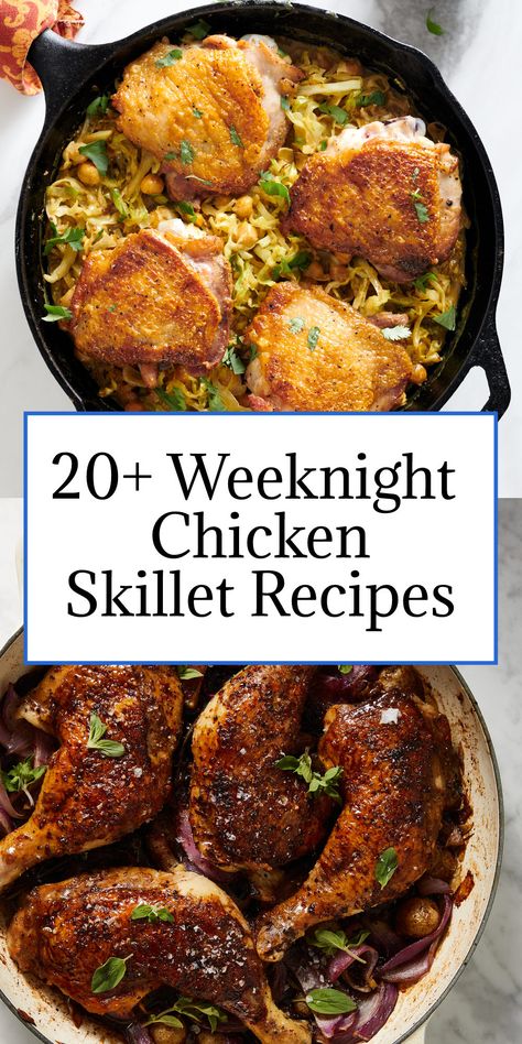 I am not sure which is more tried-and-true when it comes to weeknight cooking: a trusty skillet dinner or crowd-pleasing chicken. It really doesn’t matter, though, because if you bring the two together you have easy eating at its very best. #weeknightrecipes #easyrecipes #dinnerrecipes #chickenrecipes #chickenskillet #skilletrecipes #easydinners Cast Iron Skillet Recipes Chicken, Healthy Skillet Meals, Cast Iron Skillet Recipes Dinner, Easy Skillet Dinner, Easy Skillet Chicken, Quick Chicken Dinner, Weeknight Chicken, Pan Chicken Recipes, Skillet Dinner Recipes