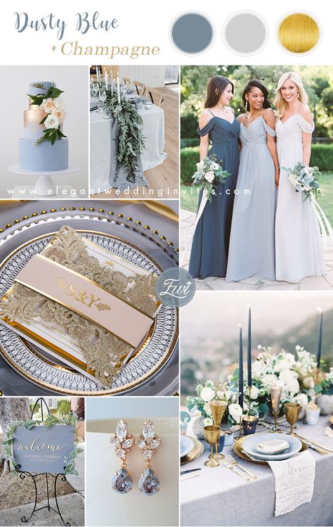 elegant dusty blue and champagne gold wedding colors #weddingtabledecor #summer #wedding #summer #wedding #colors #blue Wedding Motif Dusty Blue, Dusty Blue Grey And Gold Wedding, Dusky Blue And Gold Wedding, Wedding Gold And Blue, Blue And Brass Wedding, Wedding Color Schemes Blue And Gold, Wedding Blue Gold White, Dusty Blue And Gold Color Palette, Wedding Motif Color 2020