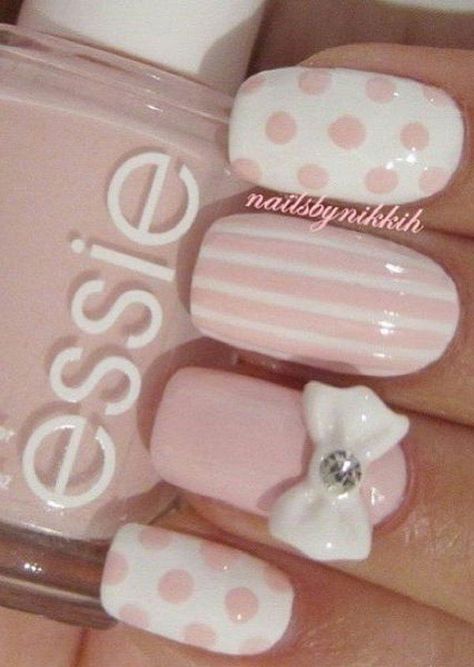 Pale Pink Nail Designs with Stripes, Polka Dots and Bows Rings Hippie, Pale Pink Nails, Bow Nail Art, Natural Nail Art, Metallic Nail, Shiny Rings, Really Cute Nails, Pink Nail Designs, Kawaii Nails