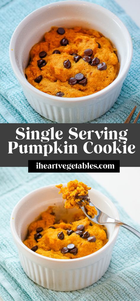 This single-serving pumpkin chocolate chip cookie can be ready in 5 minutes! It's vegan, healthy, & totally delicious! This is the perfect way to satisfy a dessert craving! Pumpkin Single Serve Dessert, One Serving Pumpkin Desserts, Pumpkin Cookie Dough Edible, Single Serving Pumpkin Dessert, Healthy Microwave Cookie, Single Serve Pumpkin Cookie, One Portion Dessert, Single Serve Pumpkin Dessert, Single Serve Desserts Healthy