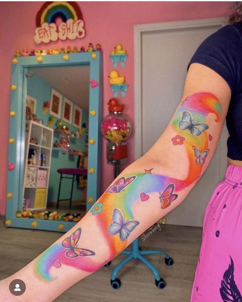 Y2k Tattoos Aesthetic, Rainbow Sleeve Tattoo, Disco Ball Tattoo Color, Lisa Frank Inspired Tattoos, Colorful Spider Tattoo, Colorful Tattoo Sleeve Women, Colorful Girly Tattoos, Kidcore Tattoo, Lisa Frank Tattoo Ideas