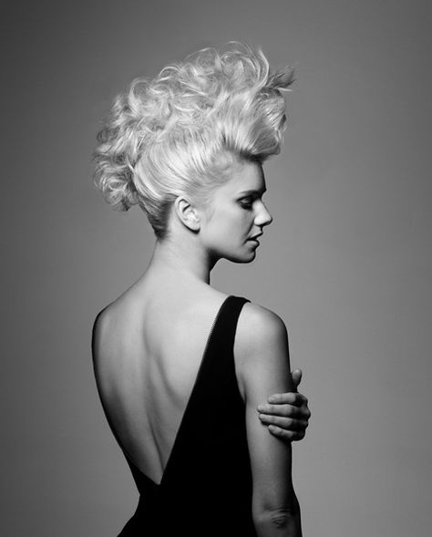 Capricious Outrageous Blonde by Sexy Hair #Updo #Curls #Fowhawk #stylesh Funky Updos, Updo Curls, Hair Glamour, Black And White People, Hair Photography, Updo Styles, Cosplay Hair, Marvel Cosplay, Trendy Hair