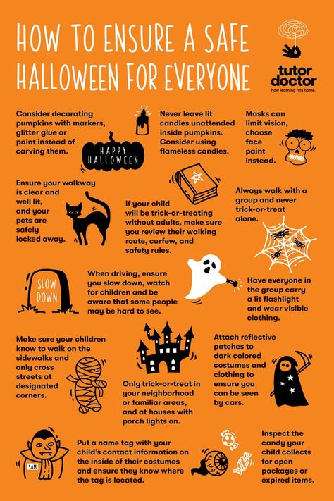 Between dressing up in costumes, trick-or-treating, and overindulging in candy, we all know Halloween is a blast for kids! As a friendly reminder, it's important to make sure your children stay safe on this "spooky" day. Here are Tutor Doctor's Halloween Safety Tips! 👻 Teaching Safety, Halloween Safety Tips, Doctor Halloween, Halloween Safety, Health Fair, Pumpkin Mask, Safety Rules, Task Boxes, Halloween Poster