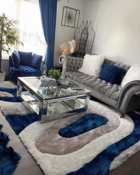 Crystal Living Room Ideas, Dining Room Table On Carpet, Blue And Grey Living Room Decor Ideas, Grey And Royal Blue Living Room, Living Room Decor Teal, Royal Blue Living Room Decor, Royal Blue Living Room, Grey And Blue Living Room, Navy Blue And Grey Living Room