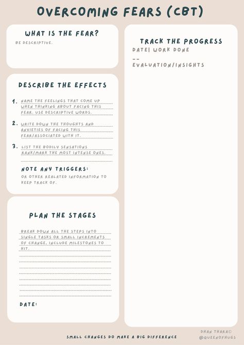 PNG Title:Overcoming Fears (CBT)Box 1 What is the fear Box 2 Describe the effects1.Name the feelings that come up when thinking about facing this fear. 2.Write down the thoughts and anxieties. 3.List the Bodily sensations, Note any triggers: BOX 3 Plan the stages (Break down all the steps into single tasks) Box 4 Track the progress. Footer: Small changes do make a big difference.Dhan Thara©@QueenOfHugs. White beige  background with black & grey letters rounded corners. Font:lazydog 10-17 sizes. Cbt Therapy Worksheets, Private Practice Therapy, Counselling Tools, What Is Fear, Cbt Therapy, Cbt Worksheets, Facing Fear, Dbt Skills, Therapy Counseling