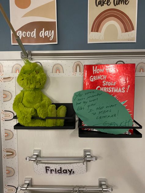 Grinch On The Shelf Ideas Classroom, Grinch On A Shelf, Grinch On A Bench Ideas, Grinch On A Bench, Grinch Classroom, Carousel Ride, Classroom Elf, December Ideas, Bench Ideas