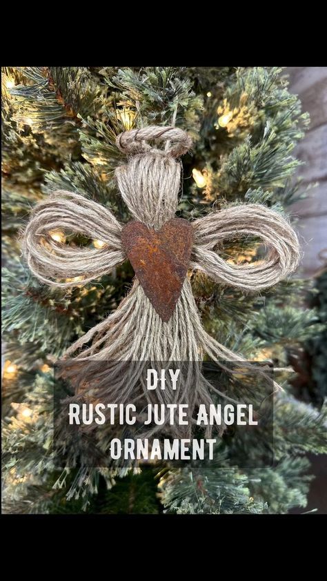 Burlap Angels Diy, Twine Angel Ornaments, Jute Ornaments Diy, Macrame Angel Ornament Tutorial, Jute Christmas Trees Diy, Burlap Ornaments Diy, Diy Country Christmas Decor, Angel Christmas Ornaments Diy, Ribbon Angels How To Make