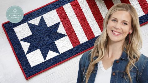 Make a "Stars and Stripes" Table Runner with Misty Doan on At Home wit Patriotic Sewing, Flag Quilts, Missouri Quilt Tutorials, Triangle Quilt Tutorials, Missouri Star Quilt Tutorials, Quilt Videos, Patriotic Table Runner, Quilted Placemat, Quilted Table Runners Christmas