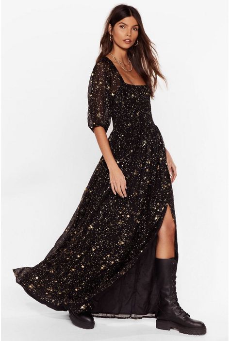 Witchy Clothing, Star Dress, Black Star, Inspired Dress, Outfits Casuales, Star Print, Black Maxi Dress, High Low Dress, Nice Dresses